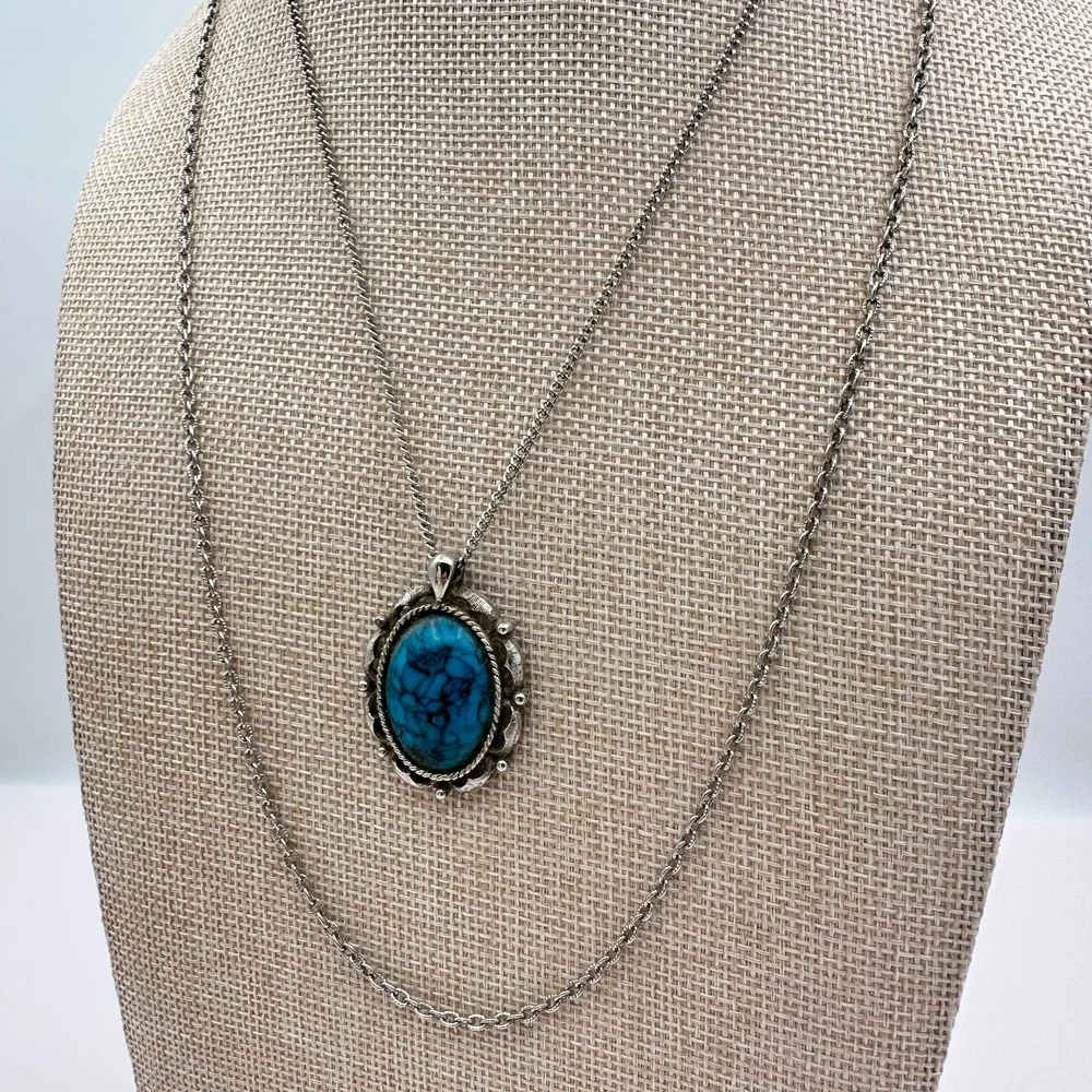 Vintage 90s Silver Tone Turquoise Matrix Filigree Pendant Necklace